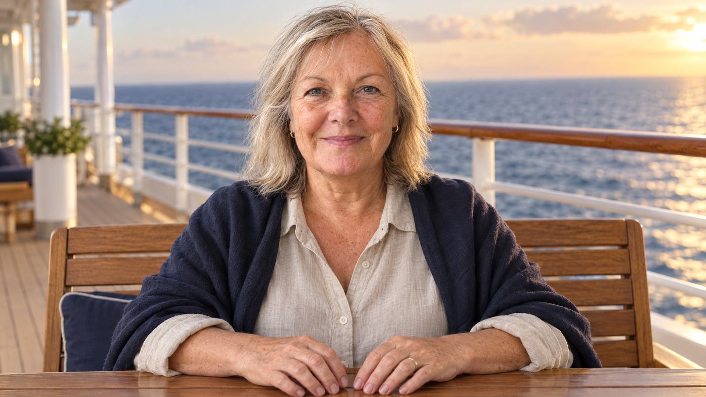 The Unhurried Cruiser presenter on a cruise ship promenade deck at sunset